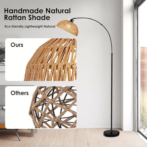 Arc Floor Lamp for Living Room,Black Standing Rattan Floor Lamp with Remote Control Dimmable,71" Tall Boho Farmhouse Adjustable Over Couch Lamp for Bedroom Office in Kuwait