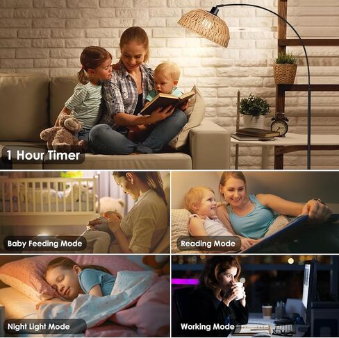 Arc Floor Lamp for Living Room,Black Standing Rattan Floor Lamp with Remote Control Dimmable,71" Tall Boho Farmhouse Adjustable Over Couch Lamp for Bedroom Office in Kuwait