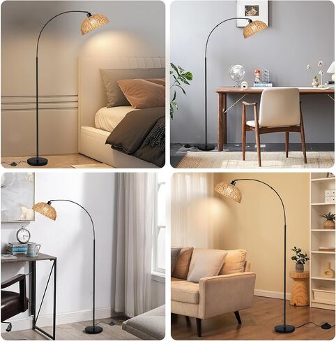 Arc Floor Lamp for Living Room,Black Standing Rattan Floor Lamp with Remote Control Dimmable,71" Tall Boho Farmhouse Adjustable Over Couch Lamp for Bedroom Office in Kuwait