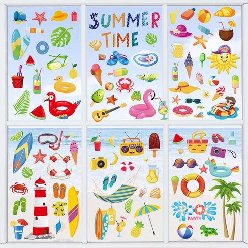 9 Sheets Summer Window Clings, Summer Static Window Stickers, Summer Double Sided Hello Summer Words Beach Pool Party Window Decals for Hawaiian Tropical Indoor Summer Party Window Decoration Supplies in Saudi Arabia