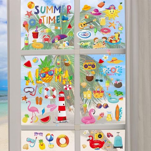 9 Sheets Summer Window Clings, Summer Static Window Stickers, Summer Double Sided Hello Summer Words Beach Pool Party Window Decals for Hawaiian Tropical Indoor Summer Party Window Decoration Supplies in Saudi Arabia