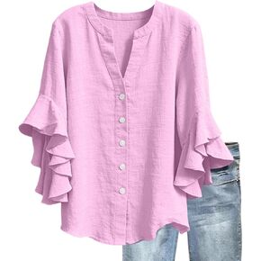 3/4 Ruffle Sleeve Linen Shirts for Women Dressy Casual Cotton Linen Gauze Tops Boho Button V Neck Flowy Tees in Saudi Arabia