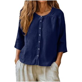 3/4 Sleeve Button Down Cotton Linen Tops for Women Crewneck Casual Loose Boho Peasant Blouses Bohemian Gauze Tees in Saudi Arabia