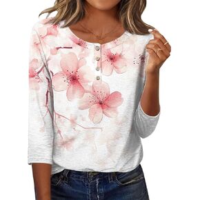 Womens Casual 3/4 Sleeve T Shirts Button Down V Neck T Shirts Floral Summer Print Tees 2026 Business Work Tunic Tops in Kuwait
