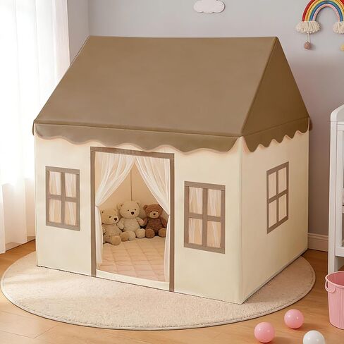 Kids Tent with Padded Mat Playhouse with Large Space for Toddlers Indoor Kids Play Tent for Girls Boys with Stars Lights, Carry Bag, Banner Flag (Brown) in Kuwait