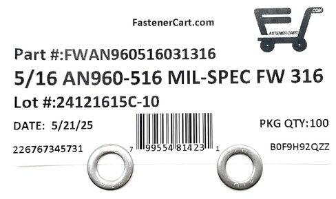 5/16" AN960-516 Mil-Spec Flat Washers 316 Stainless Steel AN960-516 (5/16 ID x 9/16 OD x.062 THK) 100 Pieces in Kuwait