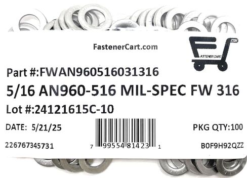 5/16" AN960-516 Mil-Spec Flat Washers 316 Stainless Steel AN960-516 (5/16 ID x 9/16 OD x.062 THK) 100 Pieces in Kuwait