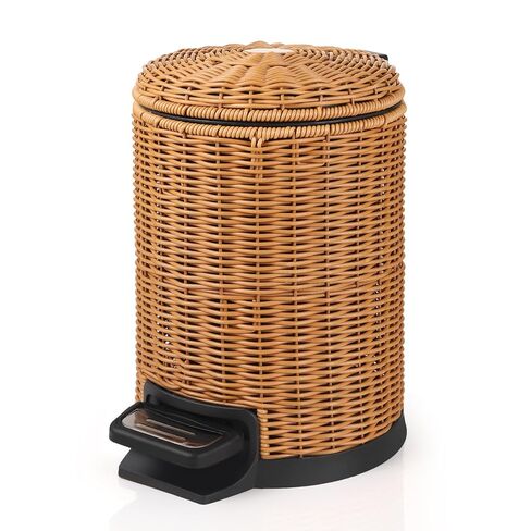 Handwoven Round Small Trash Can with Soft Close Lid, Stainless Steel Pedal, Removable Inner Bucket for Bathroom, Bedroom, Kitchen, Office (Brown, 1.3gallons/5L) in Kuwait