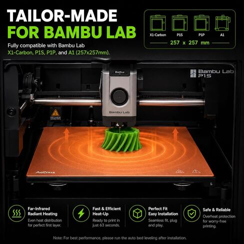 Graphene Build Plate 257x257mm for Bambu Lab P1S/P1P/P2S/X1C/X1E/X2D/A1, Heated Bed 30s Heat-Up, ±3°C Uniformity, Diamond Coating, 24V 275W, Engineering Filament Ready in Kuwait