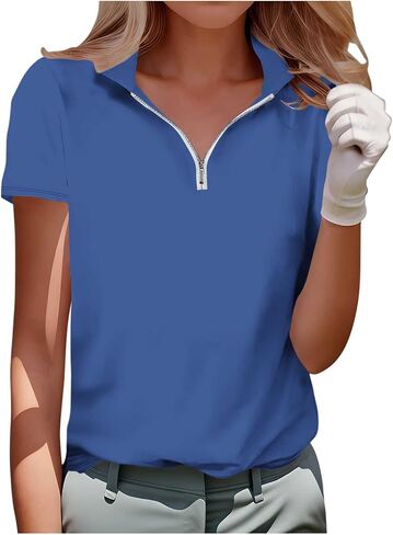 Womens Golf Shirt Short Sleeve Collared Shirts - Women Elegant V Neck Zip Up Workout Tops - Dressy Work Blouses in Kuwait