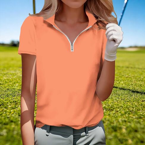 Womens Golf Shirt Short Sleeve Collared Shirts - Women Elegant V Neck Zip Up Workout Tops - Dressy Work Blouses in Kuwait