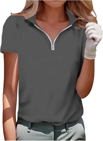 Womens Golf Shirt Short Sleeve Collared Shirts - Women Elegant V Neck Zip Up Workout Tops - Dressy Work Blouses in Kuwait