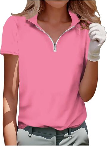 Womens Golf Shirt Short Sleeve Collared Shirts - Women Elegant V Neck Zip Up Workout Tops - Dressy Work Blouses in Kuwait