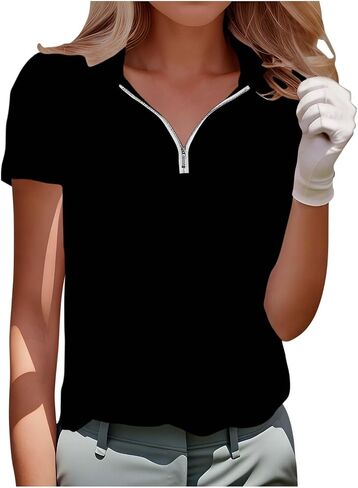 Womens Golf Shirt Short Sleeve Collared Shirts - Women Elegant V Neck Zip Up Workout Tops - Dressy Work Blouses in Kuwait