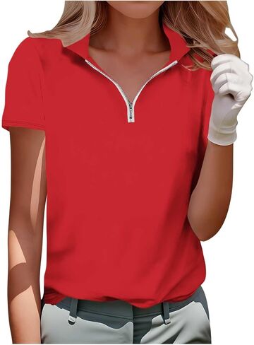 Womens Golf Shirt Short Sleeve Collared Shirts - Women Elegant V Neck Zip Up Workout Tops - Dressy Work Blouses in Kuwait