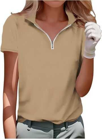 Womens Golf Shirt Short Sleeve Collared Shirts - Women Elegant V Neck Zip Up Workout Tops - Dressy Work Blouses in Kuwait
