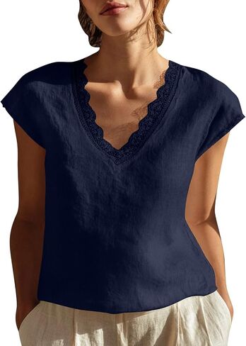 Cotton Linen Tops for Women Lace Trim V Neck Gauze Shirts Summer Vacation Boho Tees Cap Sleeve Dressy Casual Blouses in Kuwait