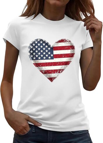 Women's Flag Heart Graphic Tees Shirts Short Sleeves Crewneck Loose Comfy T-Shirts Tunic Tops for Independence Day in Kuwait