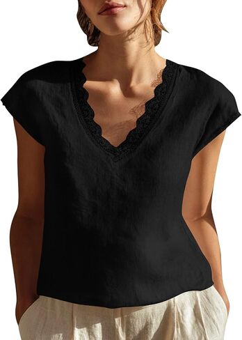 Cotton Linen Tops for Women Lace Trim V Neck Gauze Shirts Summer Vacation Boho Tees Cap Sleeve Dressy Casual Blouses in Kuwait