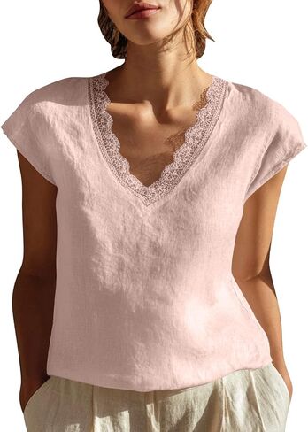 Cotton Linen Tops for Women Lace Trim V Neck Gauze Shirts Summer Vacation Boho Tees Cap Sleeve Dressy Casual Blouses in Kuwait