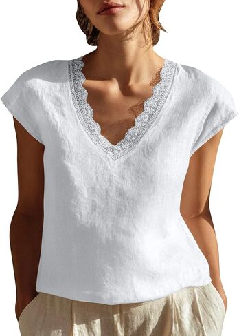 Cotton Linen Tops for Women Lace Trim V Neck Gauze Shirts Summer Vacation Boho Tees Cap Sleeve Dressy Casual Blouses in Kuwait