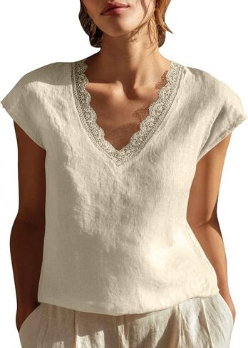 Cotton Linen Tops for Women Lace Trim V Neck Gauze Shirts Summer Vacation Boho Tees Cap Sleeve Dressy Casual Blouses in Kuwait