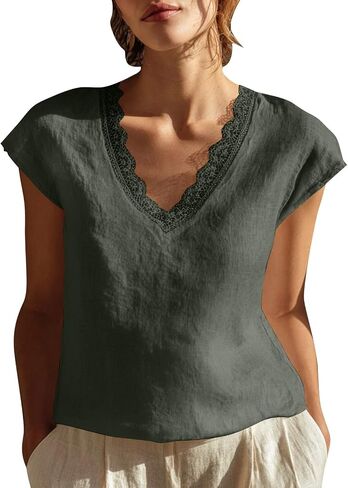 Cotton Linen Tops for Women Lace Trim V Neck Gauze Shirts Summer Vacation Boho Tees Cap Sleeve Dressy Casual Blouses in Kuwait