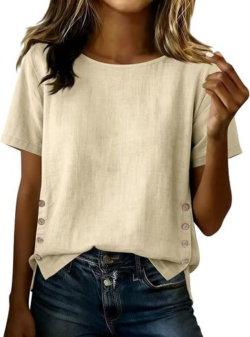 Versatile Linen Shirts for Women Summer Loose Crew Neck Short Sleeve Bohemian Gauze Tees Business Casual Tops Blouses in Kuwait