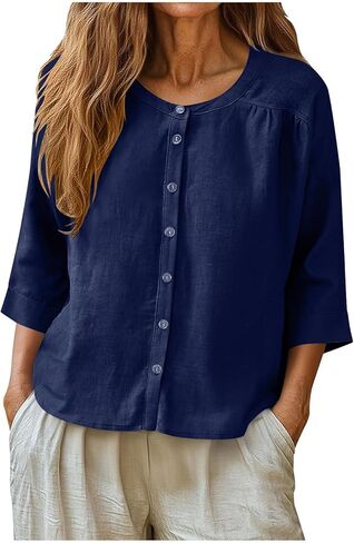 3/4 Sleeve Button Down Cotton Linen Tops for Women Crewneck Casual Loose Boho Peasant Blouses Bohemian Gauze Tees in Kuwait