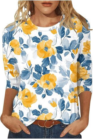 3/4 طول كم المرأة بلايز حجم كبير Crewneck تي شيرت فضفاض بلوزة تونك عادية الصيف الأزهار طباعة بوهو الملابس in Kuwait