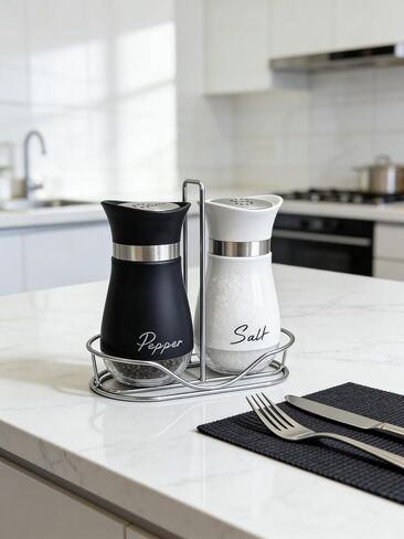 Glass Salt and Pepper Shakers Metal Salt and Pepper Shaker Set with Glass Bottom Perforated Caps 4oz Modern Kitchen Counter Decor Metal Kitchen Accessories White and Black Set in Kuwait