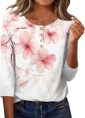 Womens Casual 3/4 Sleeve T Shirts Button Down V Neck T Shirts Floral Summer Print Tees 2026 Business Work Tunic Tops in Kuwait