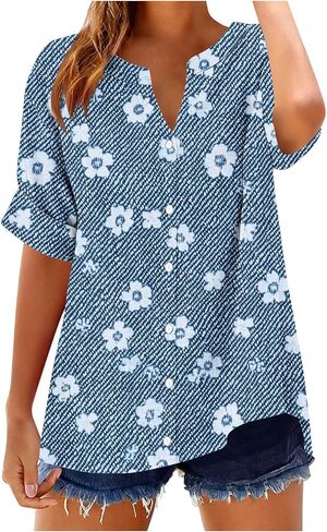 Summer Tops for Women 2026 Trendy Short Sleeve Button Down Shirt Casual V Neck Cotton Linen Blouse Loose Fit T-Shirts in Kuwait