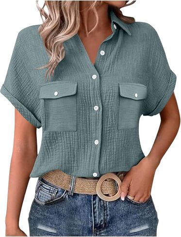Womens Button Down Shirts Rolled Up Short Sleeve Lapel Collared Tops Summer Gauze Blouse Business Casual Work Tshirt in Kuwait