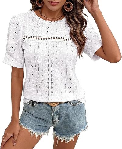 Womens Summer Tops Eyelet Embroidery Casual T Shirts Puff Short Sleeve Crew Neck Blouse 2026 Beach Vacation Clothes in Kuwait