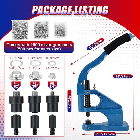 NYXOVA Heavy Duty Hand Press Grommet Machine Kit – 1500 Pcs Eyelets, 3 Dies Grommet Punch Tool (#0, #2, #4) for Banners, Canvas, Leather Craft & Industrial Use in Kuwait