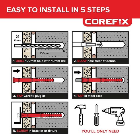 Corefix 24 x 3.93 Inch Heavy Duty Drywall Wall Anchors- Drywall Over Blockwork Wall Anchors & Screws - for TV Wall Bracket, Radiators, Shelving & More - Holds 220lbs On 4 Anchors in Kuwait