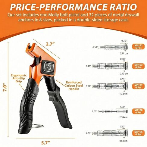 Molly Bolts for Plaster Walls and Drywall, Heavy-Duty 30 PCS Hollow Wall Anchor Set with Setting Tool, 5 Sizes for Secure Installation on Drywall Holding 65 Lbs, Easy to Use Fasteners, Orange in Kuwait