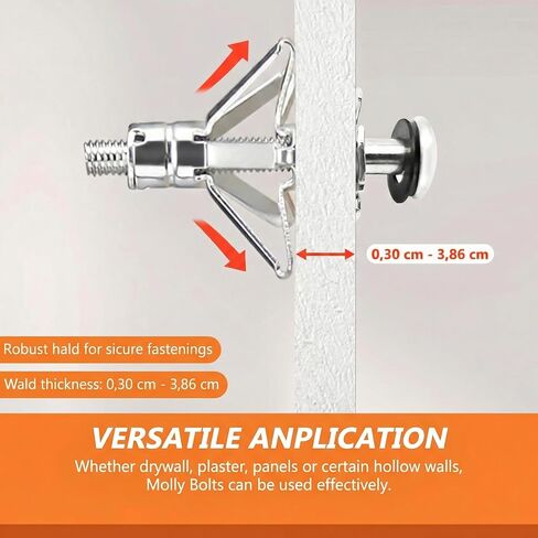 Molly Bolts for Plaster Walls and Drywall, Heavy-Duty 30 PCS Hollow Wall Anchor Set with Setting Tool, 5 Sizes for Secure Installation on Drywall Holding 65 Lbs, Easy to Use Fasteners, Orange in Kuwait