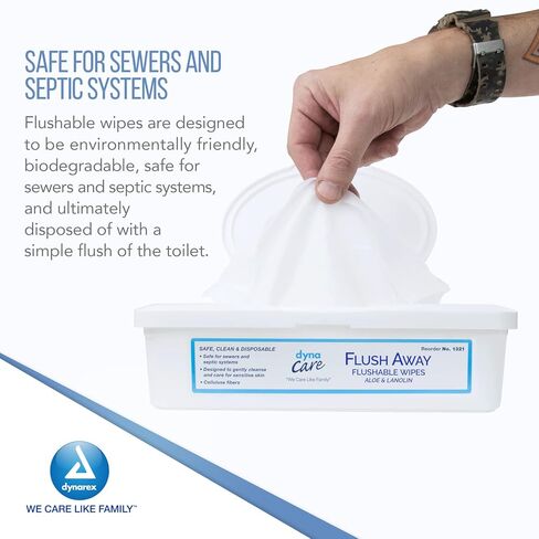 Dynarex Flush Away Flushable Wipes - 9" x 13" (Adult) - 60 wipes each (2 Pack) in Kuwait