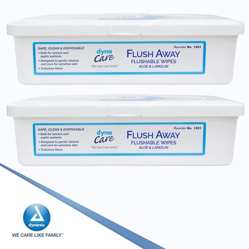 Dynarex Flush Away Flushable Wipes - 9" x 13" (Adult) - 60 wipes each (2 Pack) in Kuwait