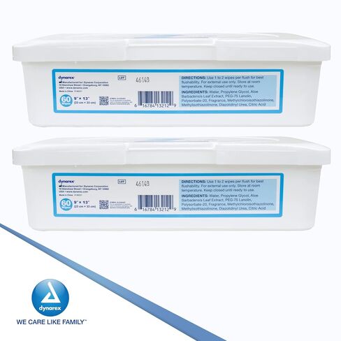 Dynarex Flush Away Flushable Wipes - 9" x 13" (Adult) - 60 wipes each (2 Pack) in Kuwait