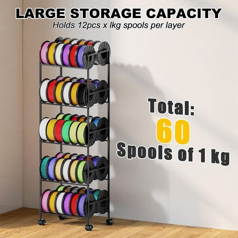 3D Printer Filament Storage Rack with Wheels, 5-Tier Rolling Spool Holder Stand Cart, Holds up to 60x1kg Spools, Heavy Duty Metal Filaments Organizer Shelf for Printing Studio Office Workshop in Kuwait