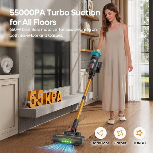 ElecKeys Cordless Vacuum Cleaner, 600W 50KPA 70Mins Self-Standing Vacuum Cleaners for Home, Stick Vacuum with Touch Screen, Upgraded Anti-Tangled Vacuum Cordless for Pet Hair, Floors, Carpets, Gold in Kuwait