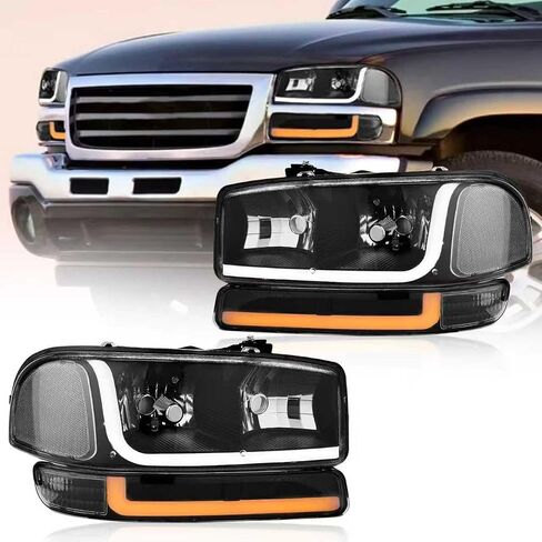LED DRL Headlight, Headlights Assembly Kit Compatible with 1999-2007 GMC Sierra/1999-2006 Yukon Replacement Headlamp Black Housing Clear Reflector in Saudi Arabia