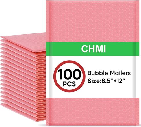 CHMI Pink Bubble Mailers 8.5 x 12 بوصة 100 حزمة، حجم قابل للاستخدام 8.25X12 بوصة بولي بريد، مغلفات بريدية، بريد شحن، أكياس غير شفافة ذاتية اللصق مقاومة للماء للتغليف والشحن. in Kuwait