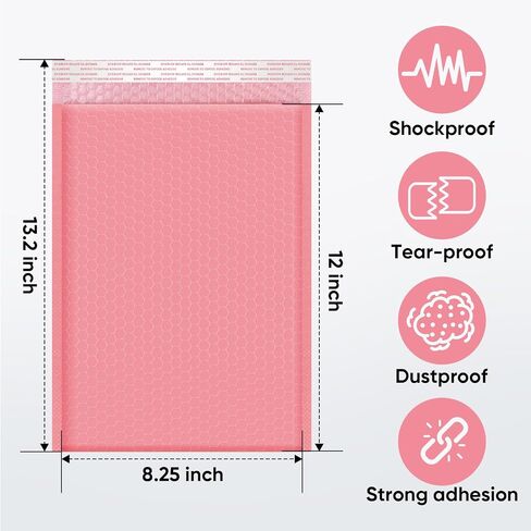 CHMI Pink Bubble Mailers 8.5 x 12 بوصة 100 حزمة، حجم قابل للاستخدام 8.25X12 بوصة بولي بريد، مغلفات بريدية، بريد شحن، أكياس غير شفافة ذاتية اللصق مقاومة للماء للتغليف والشحن. in Kuwait