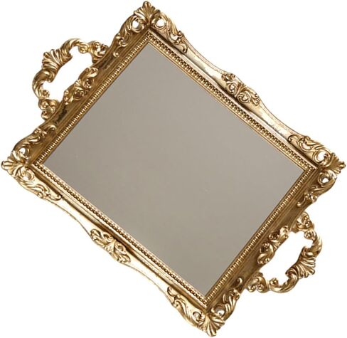 TOYANDONA Vintage Mirror Tray for Wedding and Home Use, Golden Resin and Glass Mirror Tray with Nordic Retro Style, for Displaying Dessert and Perfume, Elegant Decorative Storage Accessory in Kuwait