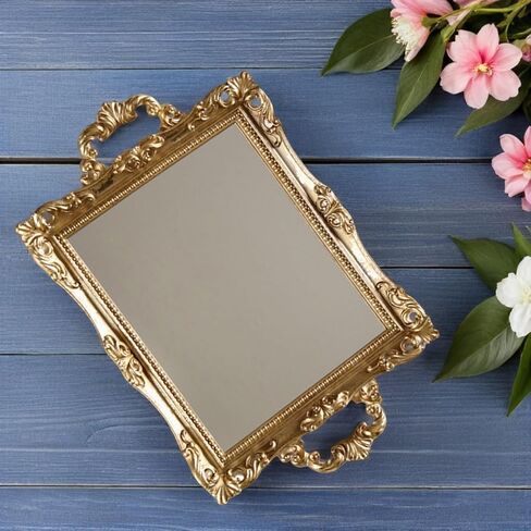 TOYANDONA Vintage Mirror Tray for Wedding and Home Use, Golden Resin and Glass Mirror Tray with Nordic Retro Style, for Displaying Dessert and Perfume, Elegant Decorative Storage Accessory in Kuwait