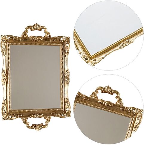 TOYANDONA Vintage Mirror Tray for Wedding and Home Use, Golden Resin and Glass Mirror Tray with Nordic Retro Style, for Displaying Dessert and Perfume, Elegant Decorative Storage Accessory in Kuwait
